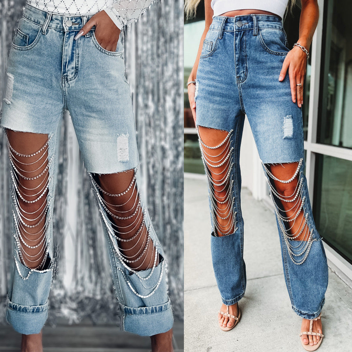 2024 new straight jeans female broken holes high waist fashion high street denim trousers