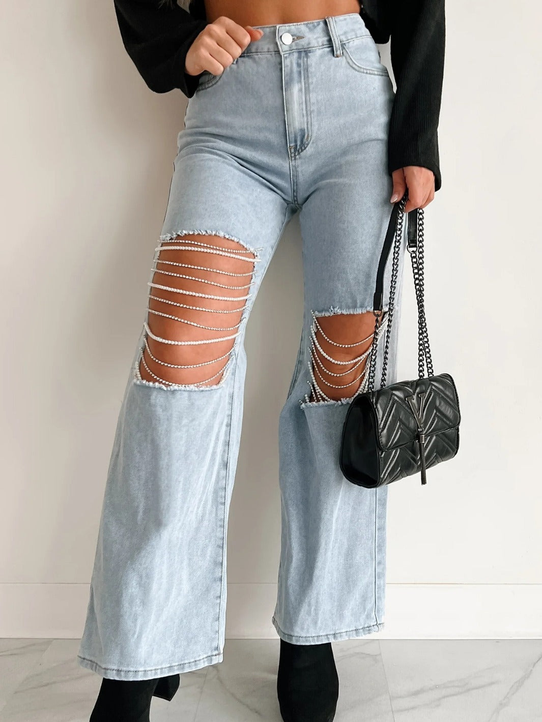 2024 new straight jeans female broken holes high waist fashion high street denim trousers