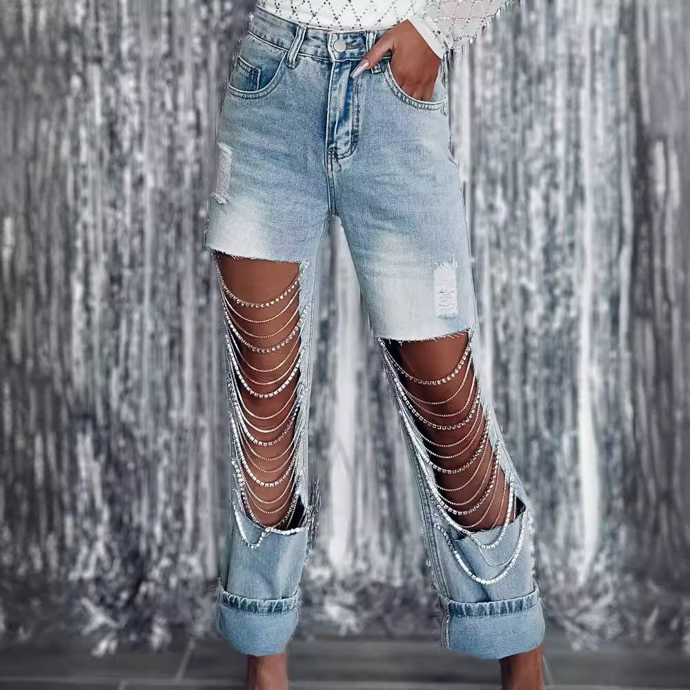 2024 new straight jeans female broken holes high waist fashion high street denim trousers