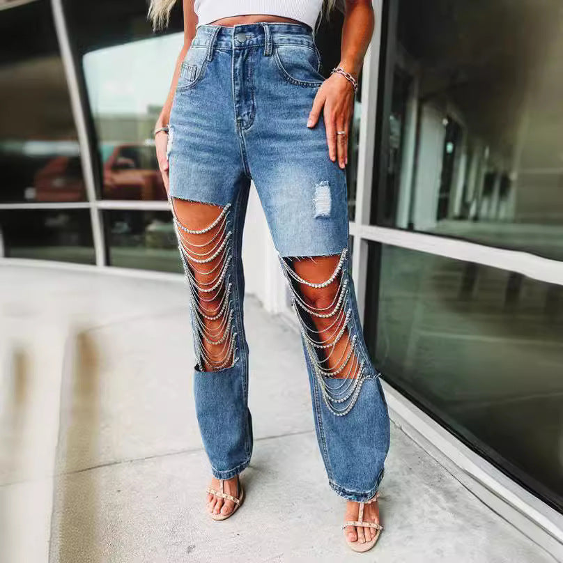 2024 new straight jeans female broken holes high waist fashion high street denim trousers
