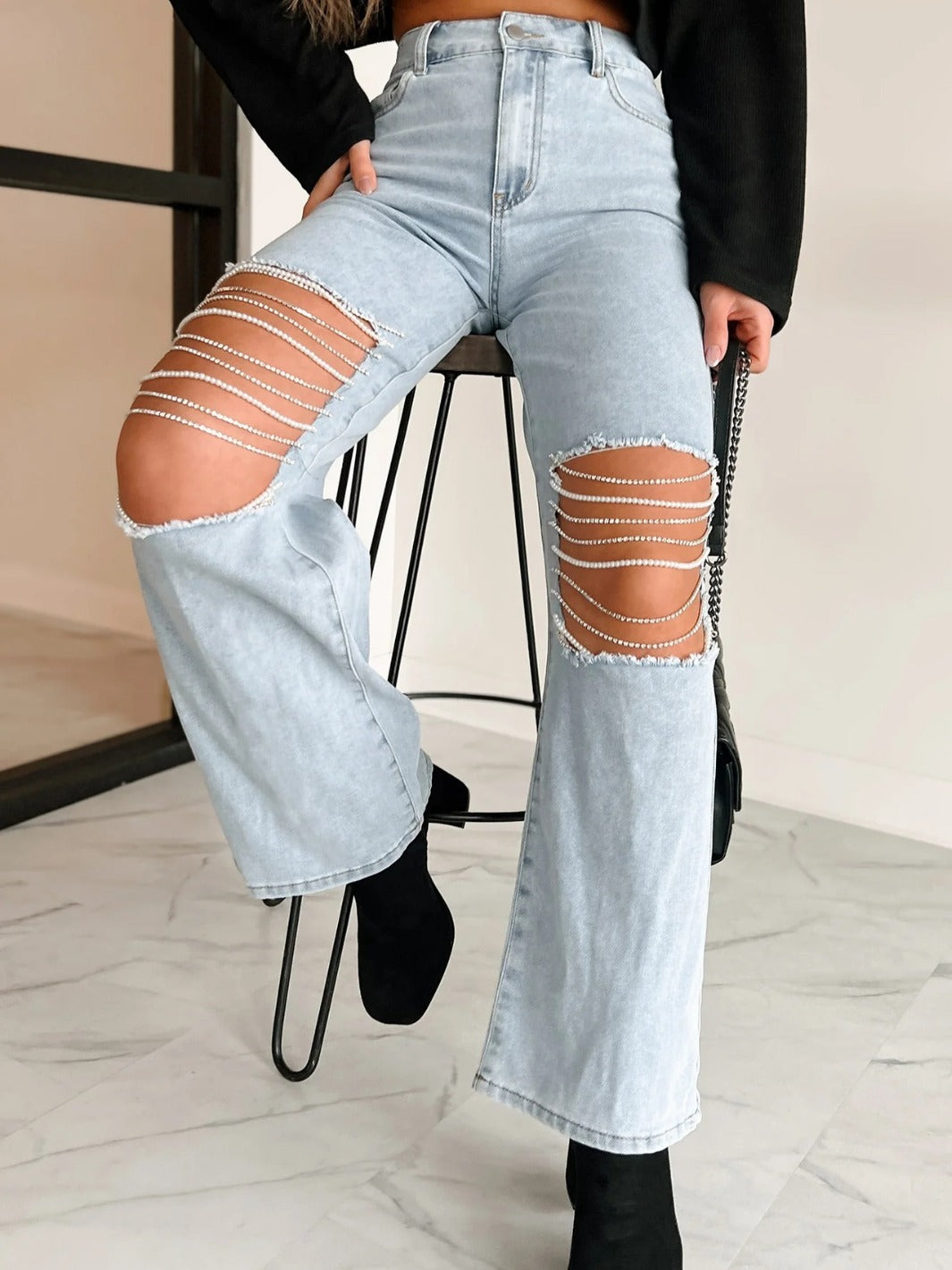2024 new straight jeans female broken holes high waist fashion high street denim trousers