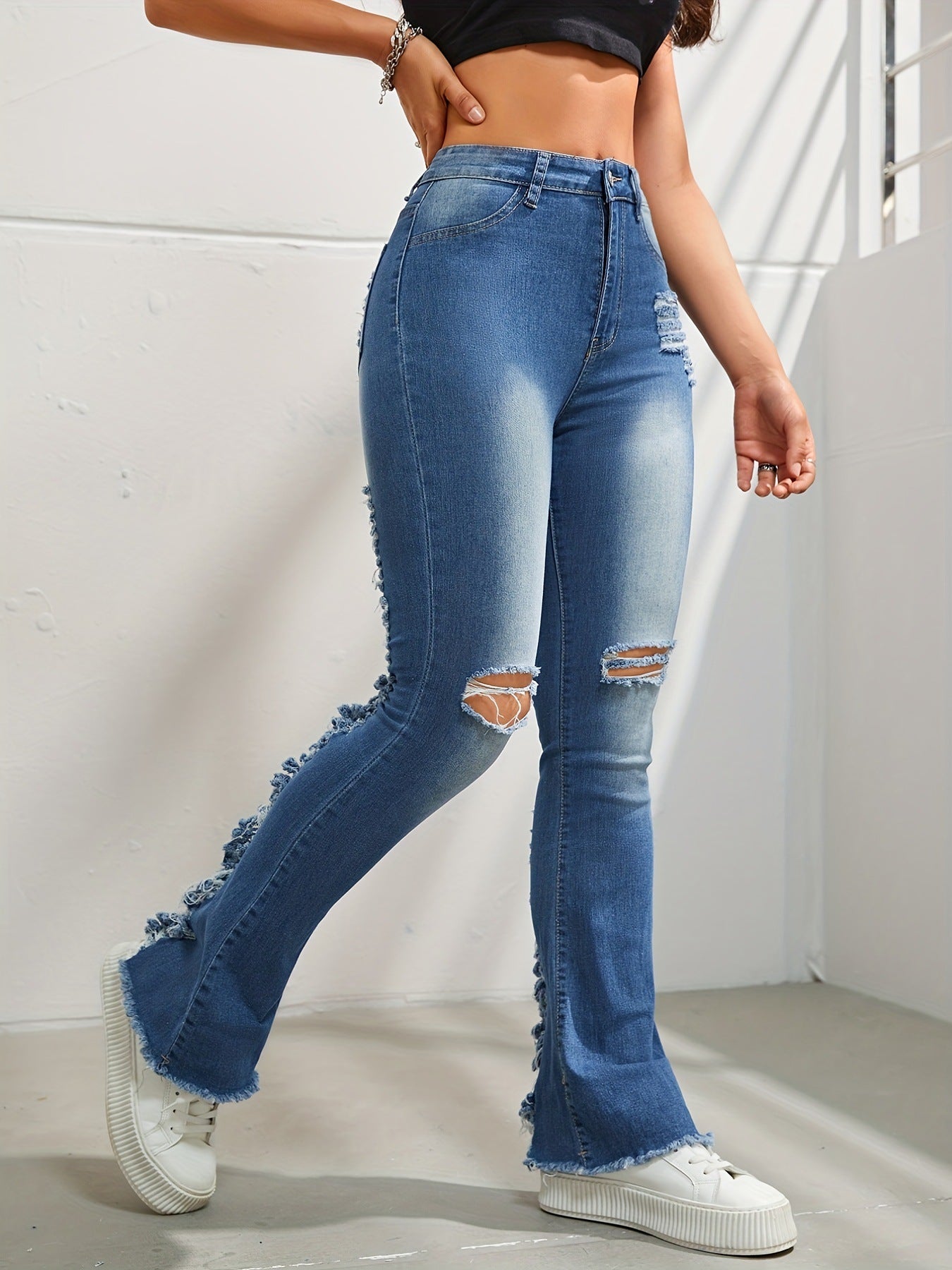 2024 new straight jeans female broken holes high waist fashion high street denim trousers