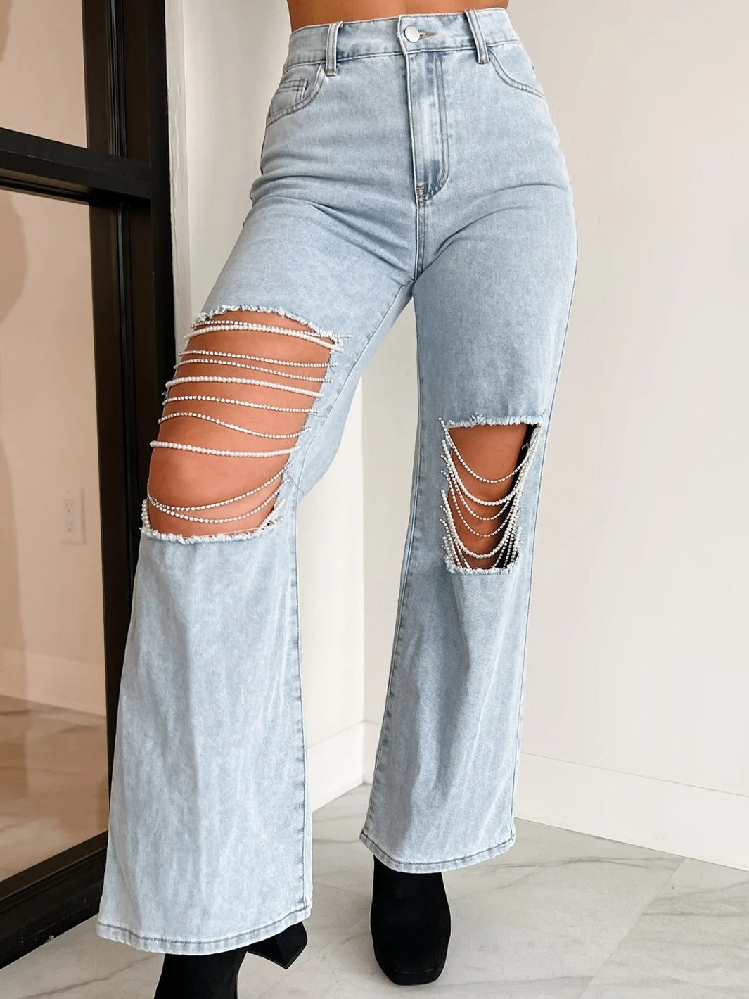 2024 new straight jeans female broken holes high waist fashion high street denim trousers