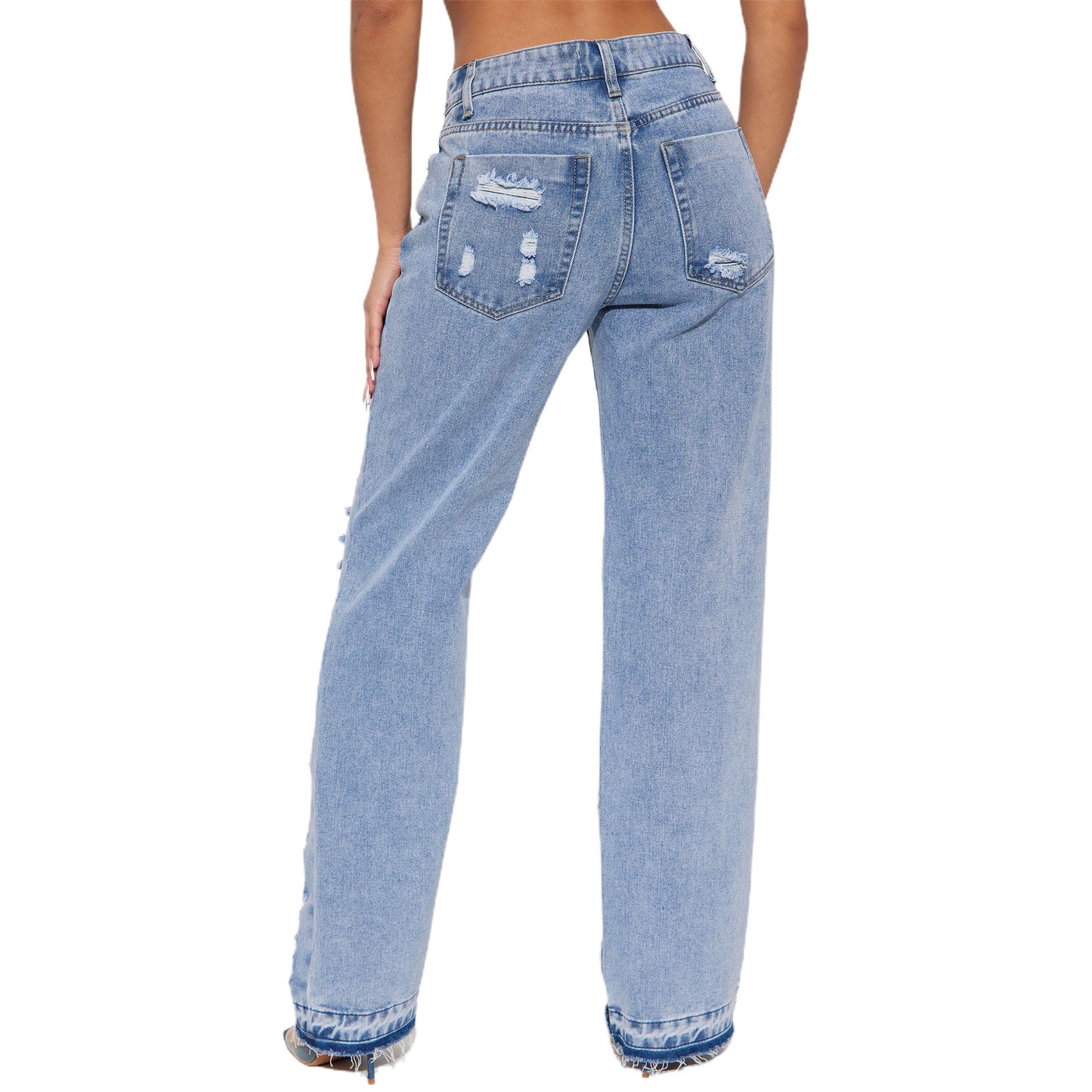 2024 new straight jeans female broken holes high waist fashion high street denim trousers