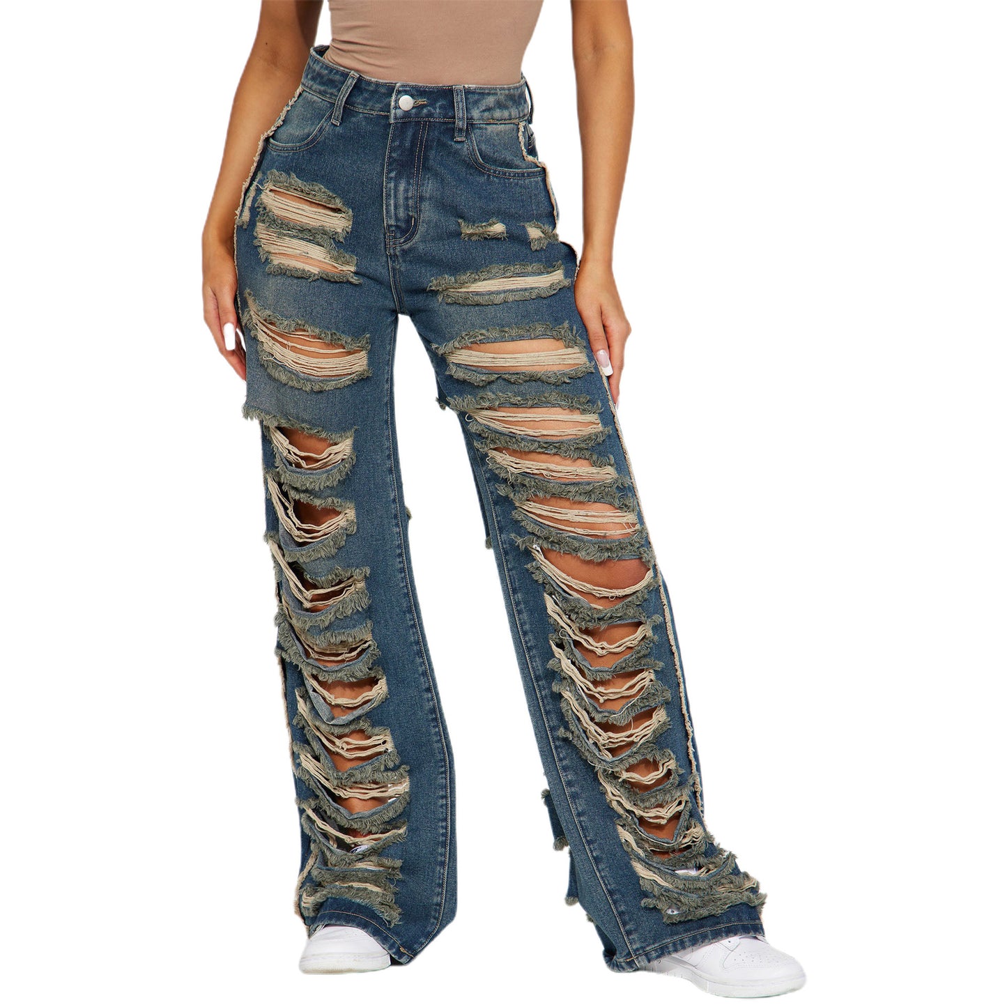 2024 new straight jeans female broken holes high waist fashion high street denim trousers