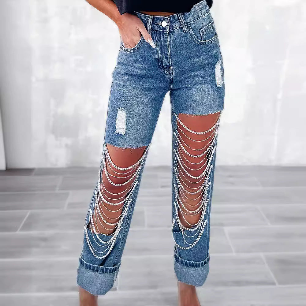 2024 new straight jeans female broken holes high waist fashion high street denim trousers