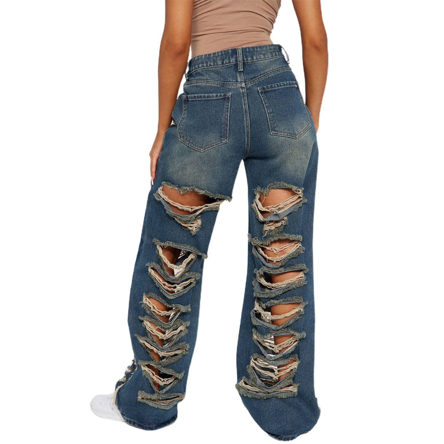 2024 new straight jeans female broken holes high waist fashion high street denim trousers