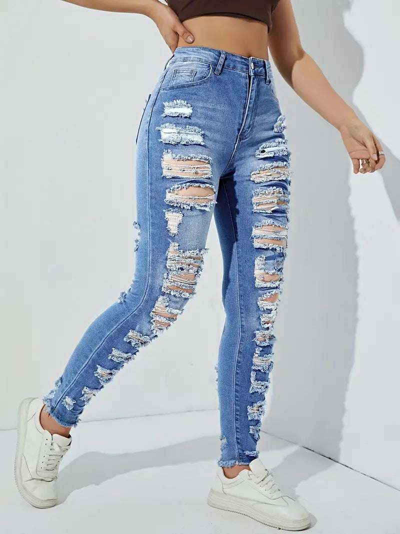 2024 new straight jeans female broken holes high waist fashion high street denim trousers