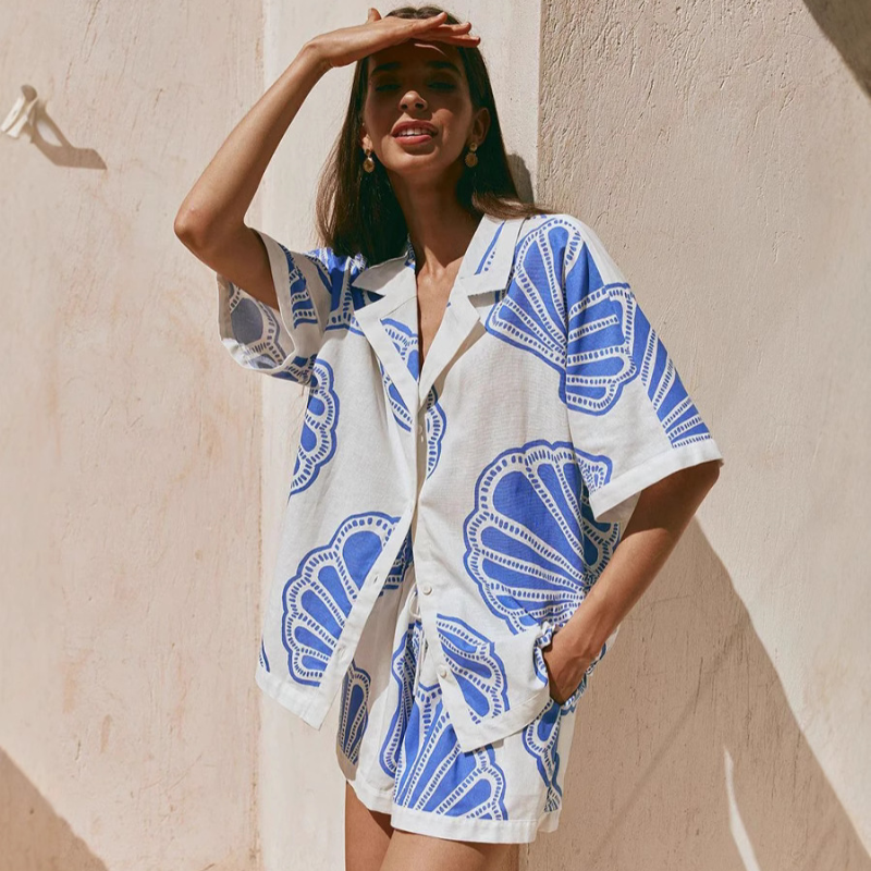 V Neck Short Sleeves Shirt and Drawstring Waist Shorts Seashell Print Set