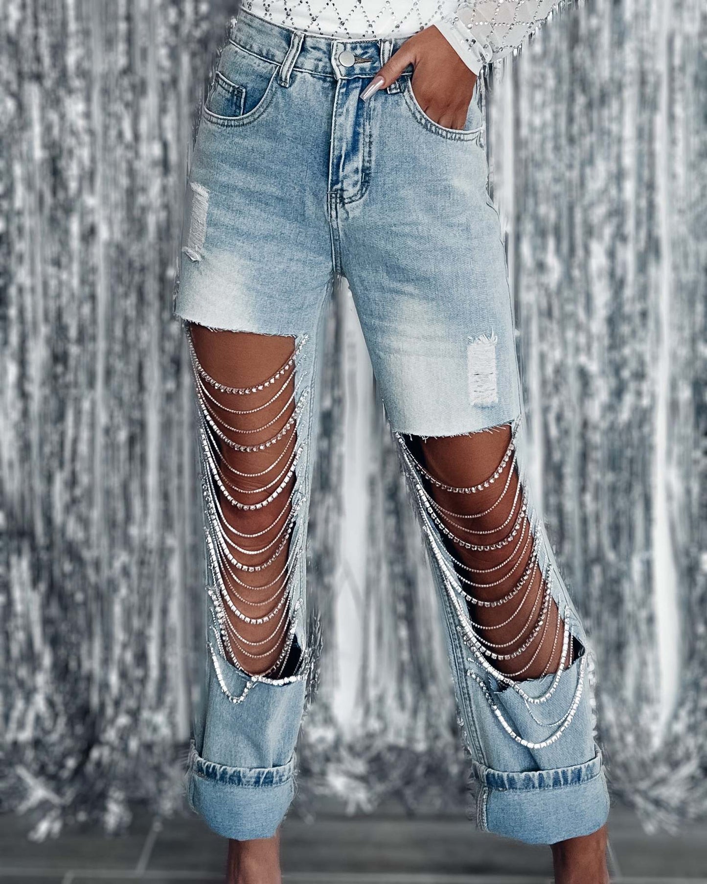 2024 new straight jeans female broken holes high waist fashion high street denim trousers