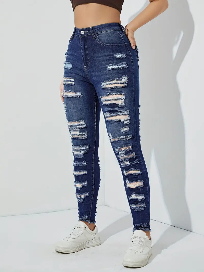 2024 new straight jeans female broken holes high waist fashion high street denim trousers