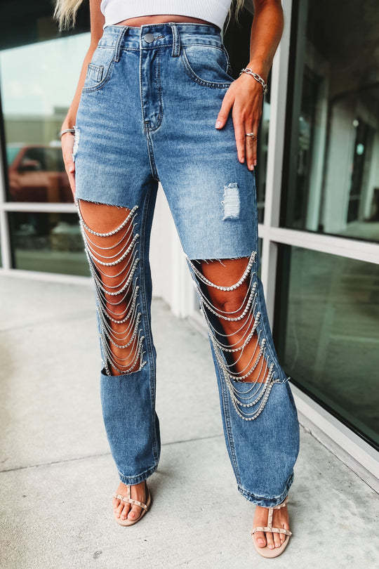 2024 new straight jeans female broken holes high waist fashion high street denim trousers