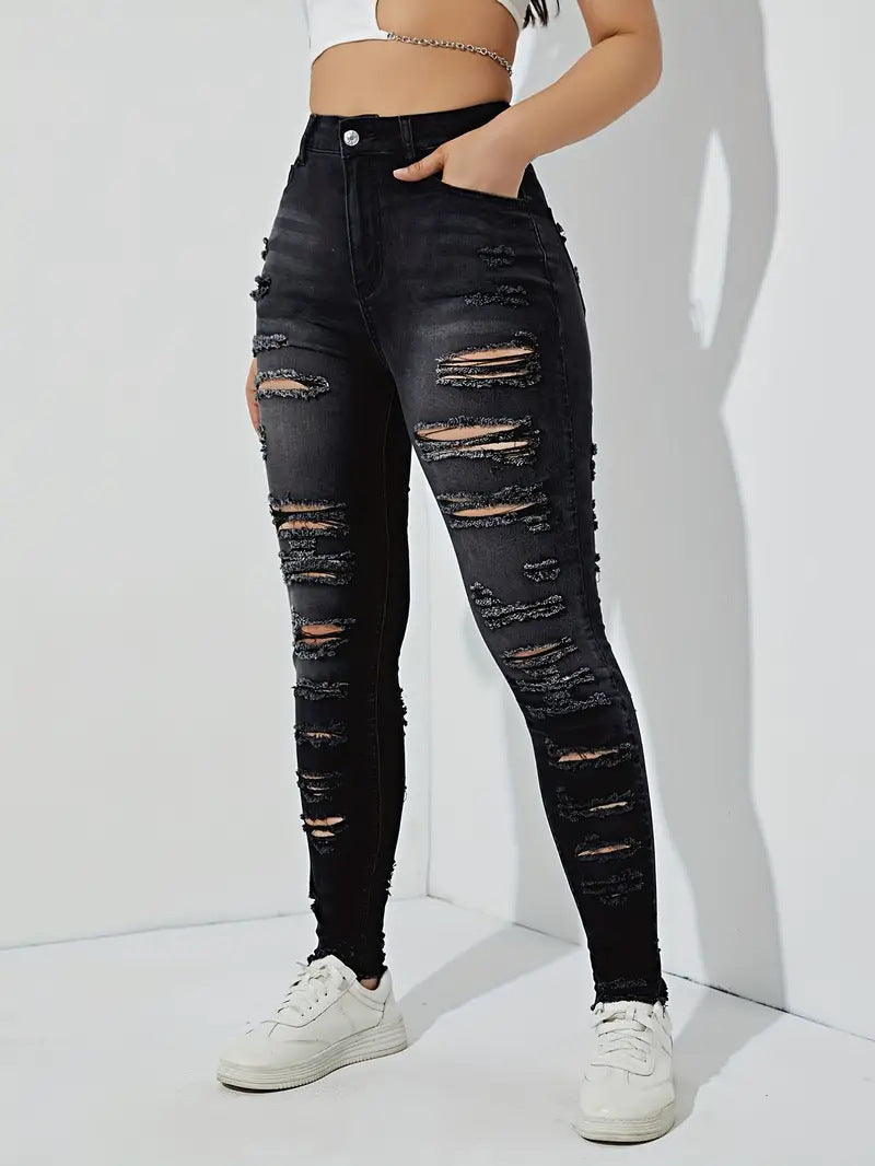 2024 new straight jeans female broken holes high waist fashion high street denim trousers