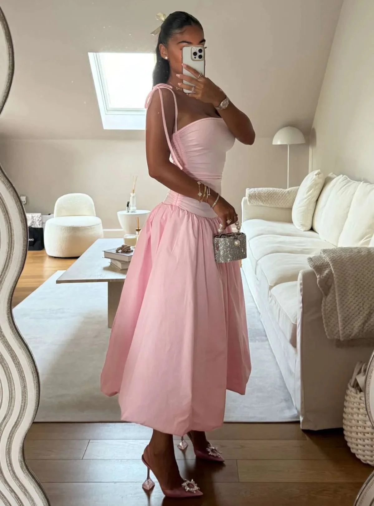 Halter Neck Backless Strappy Gathered Patchwork Midi Dress