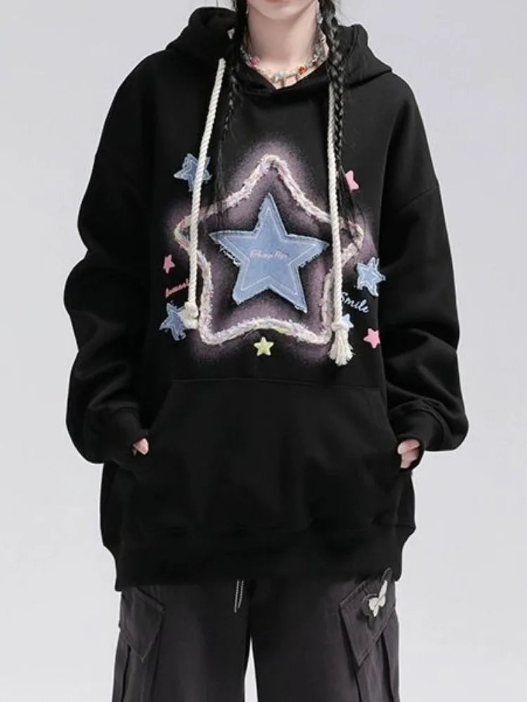 Womens Oversized Hoodies Denim Star Applique Embroidery Hoodie Streetwear Unisex Sweatshirts Pullover with Pocket