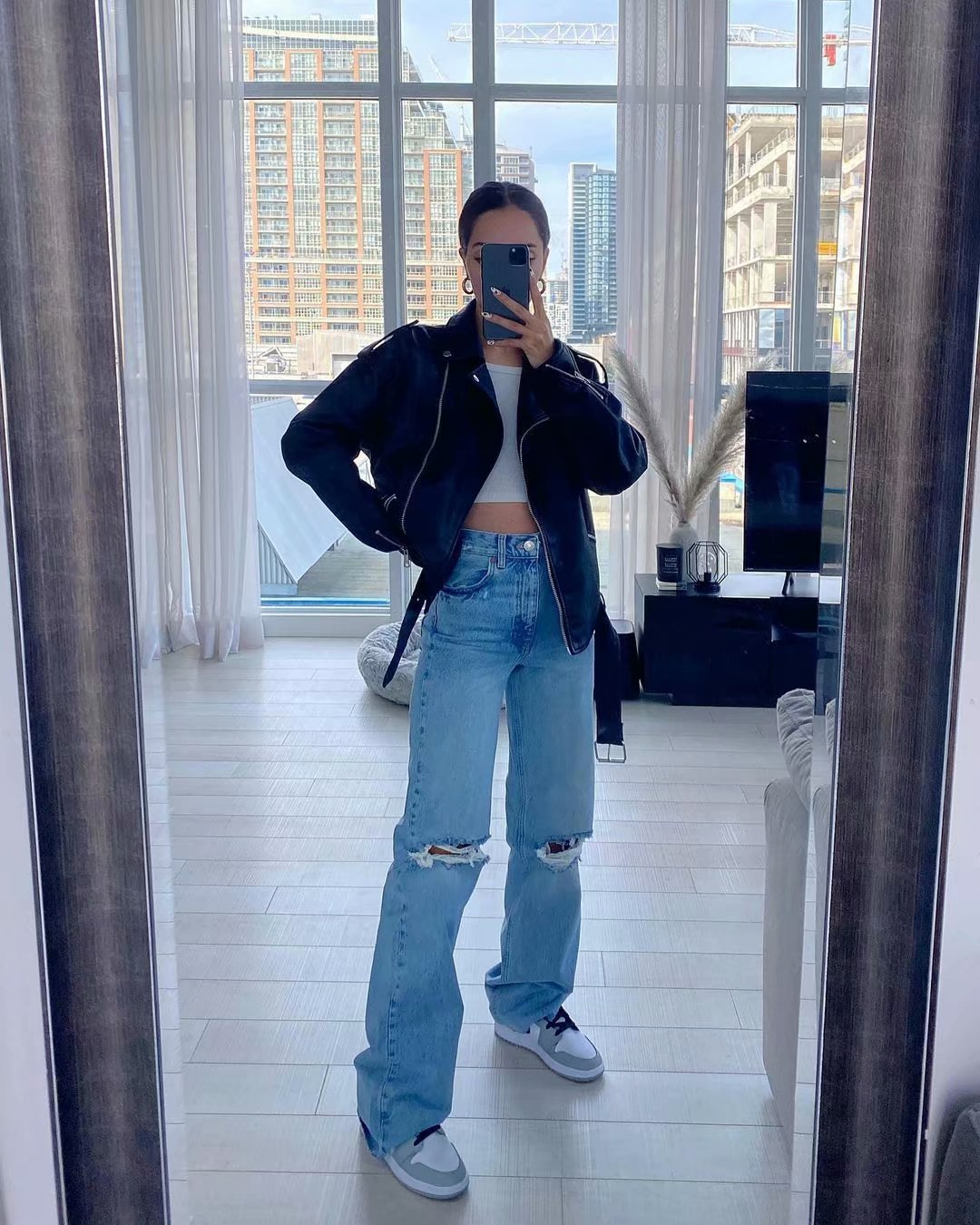 High Waisted Loose Double Knee Ripped Jeans Raw Edge Straight Trousers