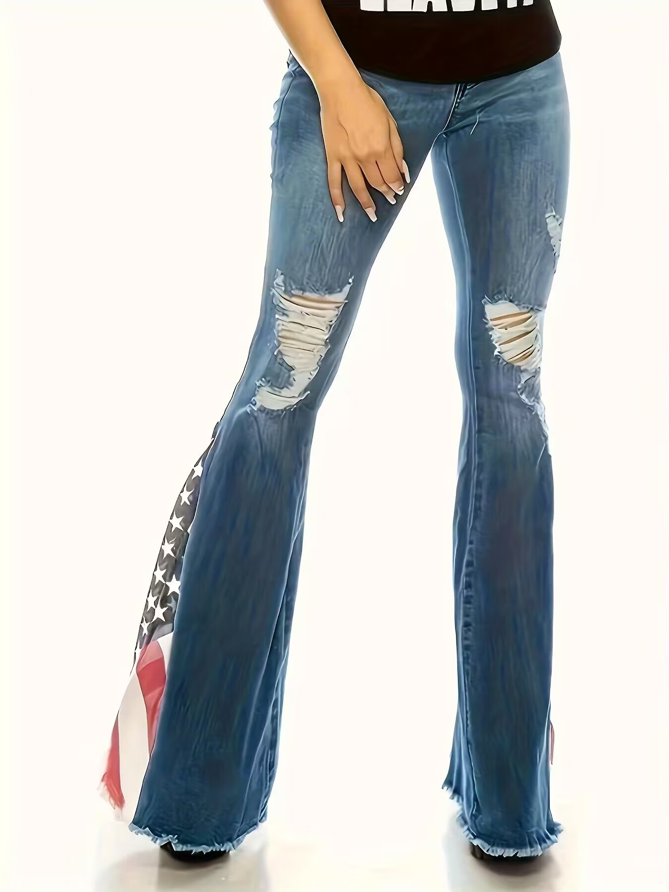 Americana Print Blue Flare Jeans (Medium Wash)