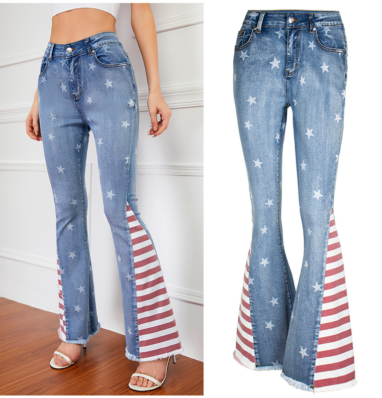 Americana Print Blue Flare Jeans (Medium Wash)