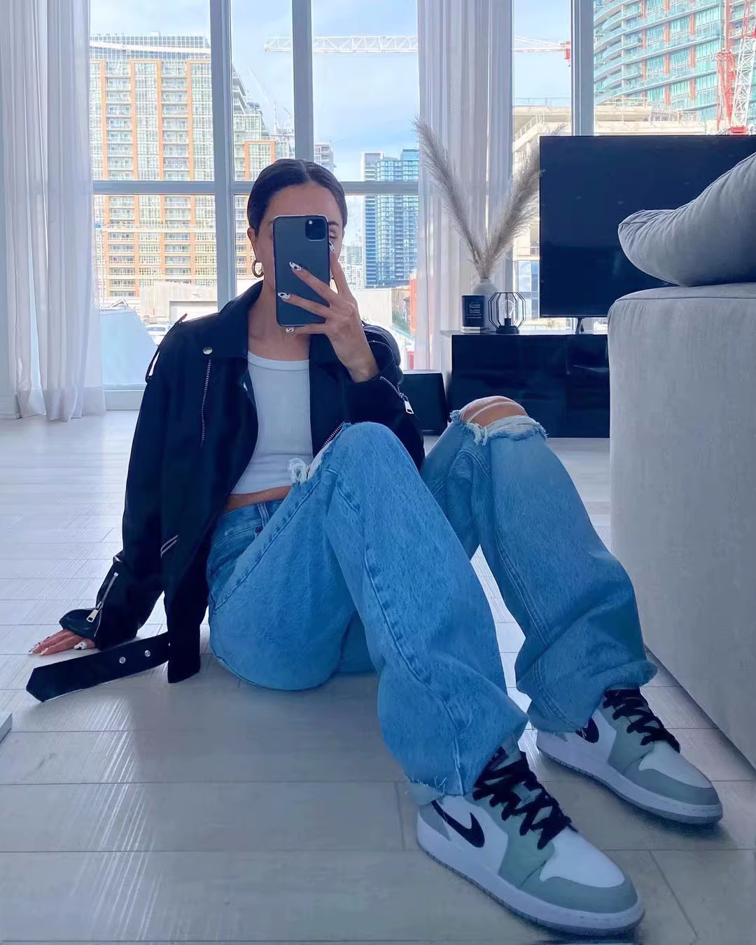 High Waisted Loose Double Knee Ripped Jeans Raw Edge Straight Trousers