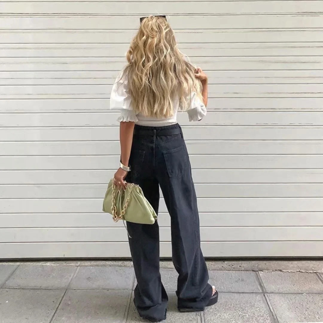 Women's Pants Fashion High Waist Floor Loose Straight Leg Wide Jeans