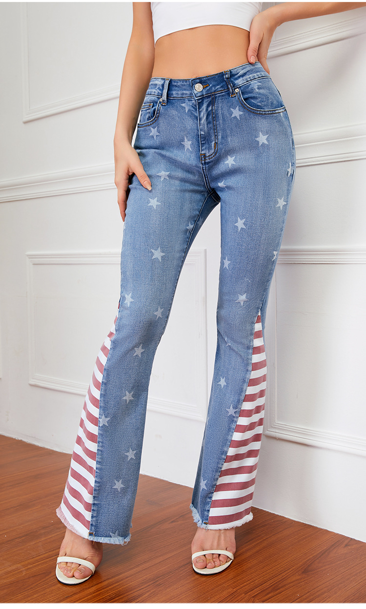 Americana Print Blue Flare Jeans (Medium Wash)