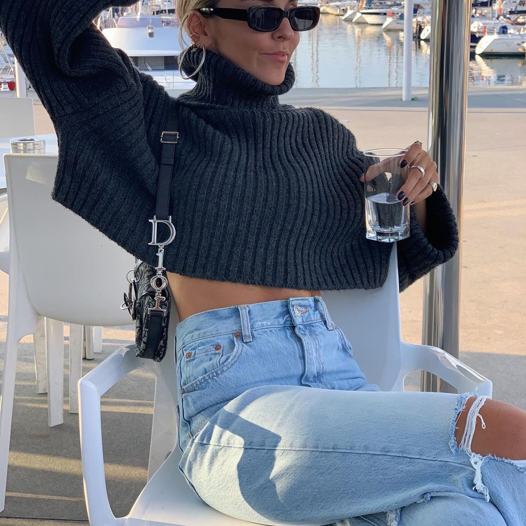 High Waisted Loose Double Knee Ripped Jeans Raw Edge Straight Trousers