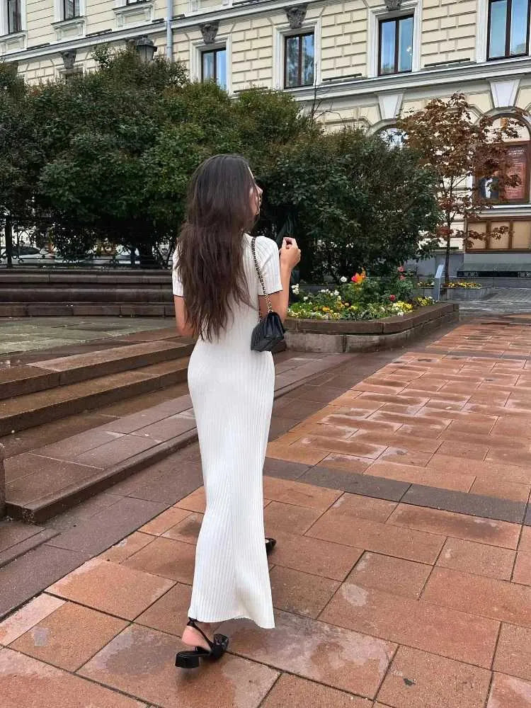 Elegant V-Neck Patchwork Knit Long Dress