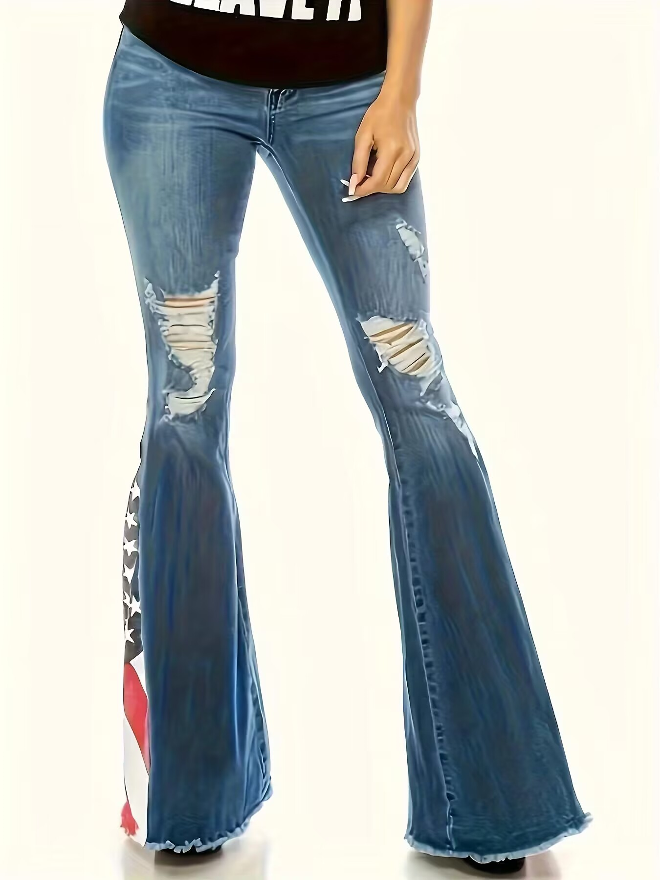Americana Print Blue Flare Jeans (Medium Wash)