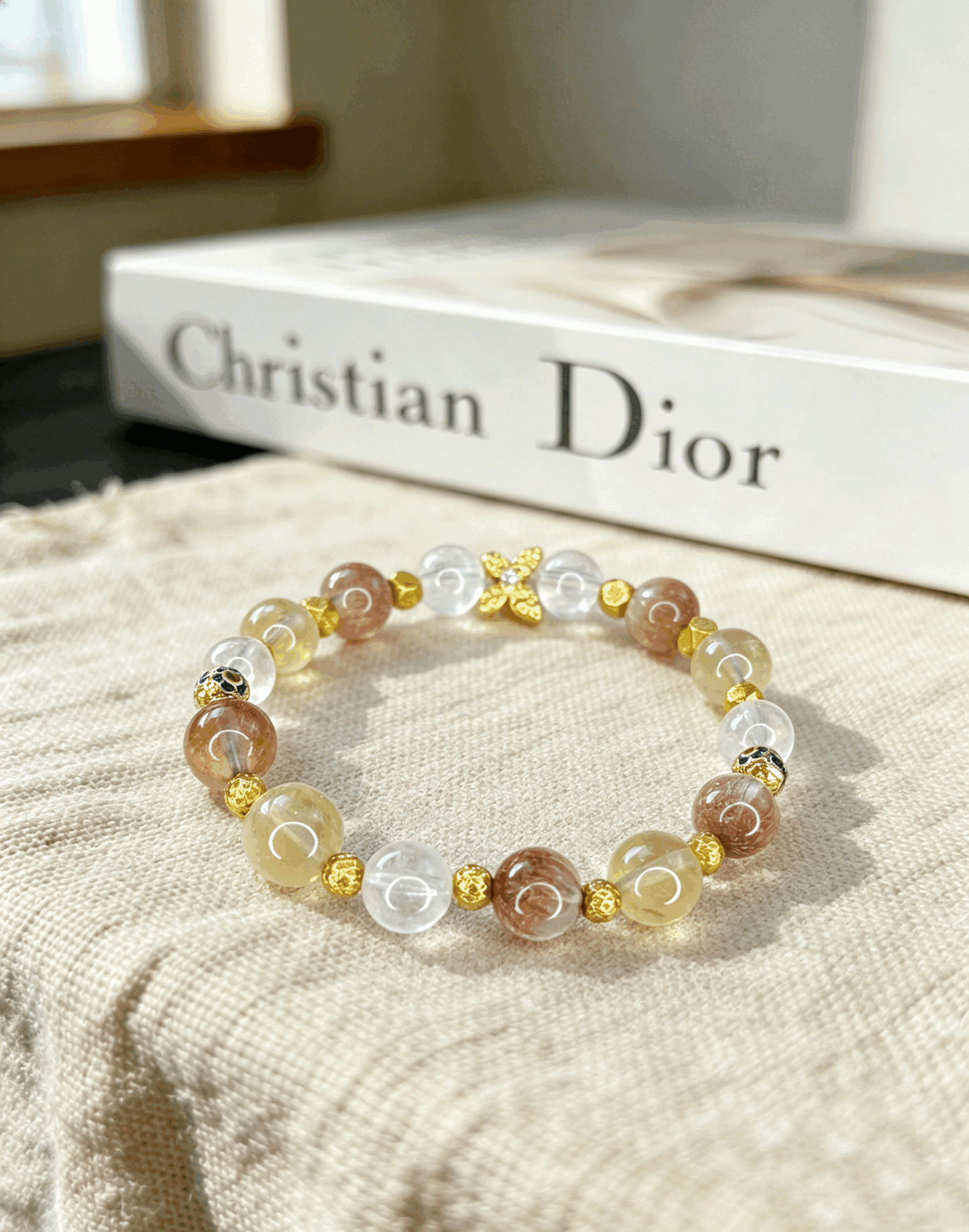Natural Crystal Bracelet for Women | Citrine Rose Quartz White Phantom Quartz Beaded Bracelet | Oriental Luxury Jewelry Gift
