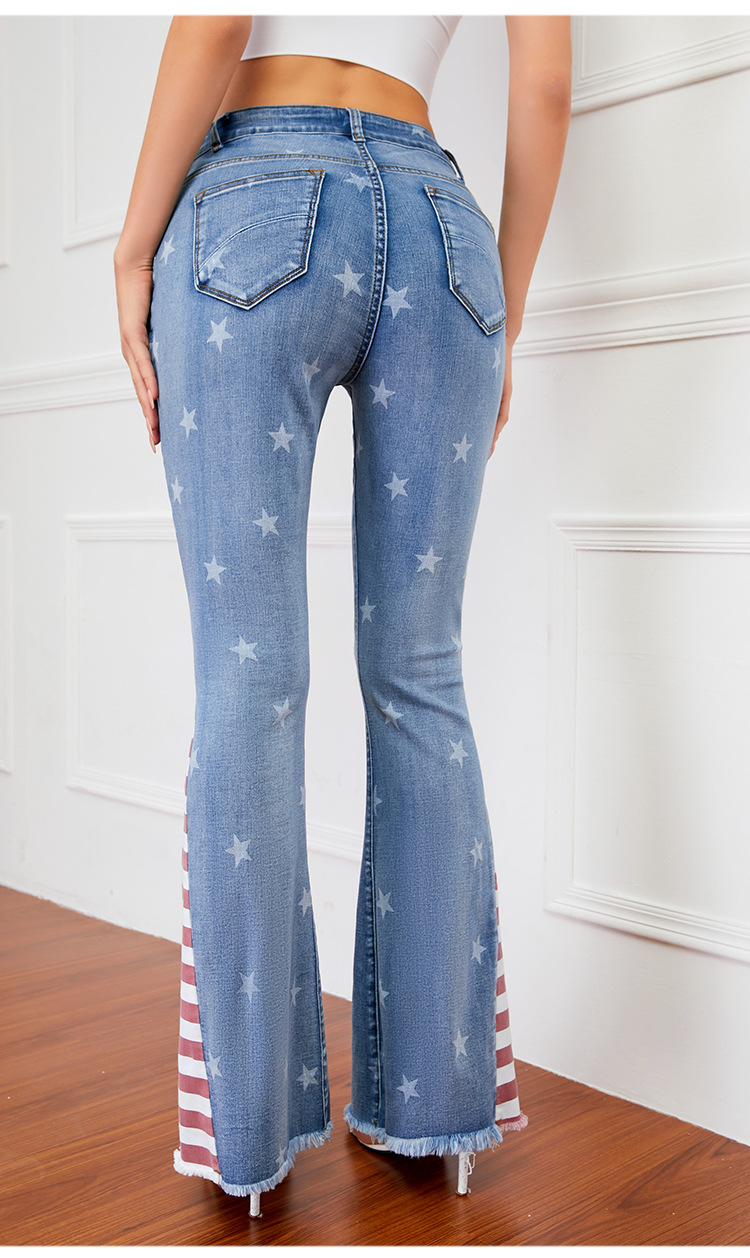 Americana Print Blue Flare Jeans (Medium Wash)