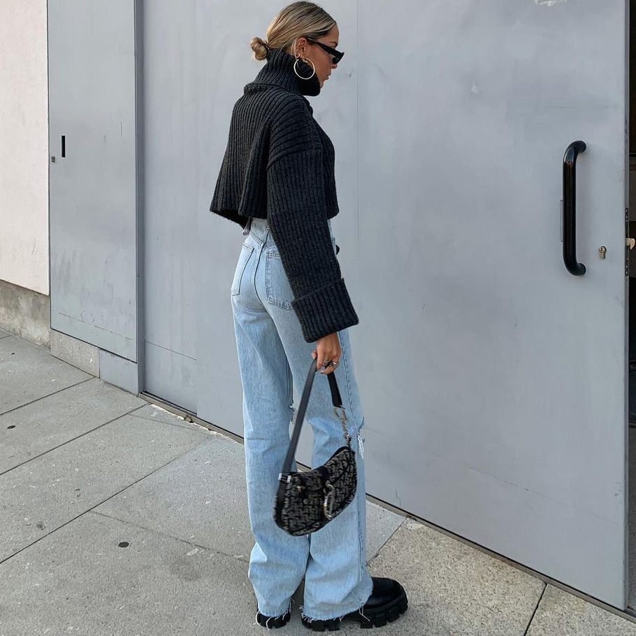 High Waisted Loose Double Knee Ripped Jeans Raw Edge Straight Trousers