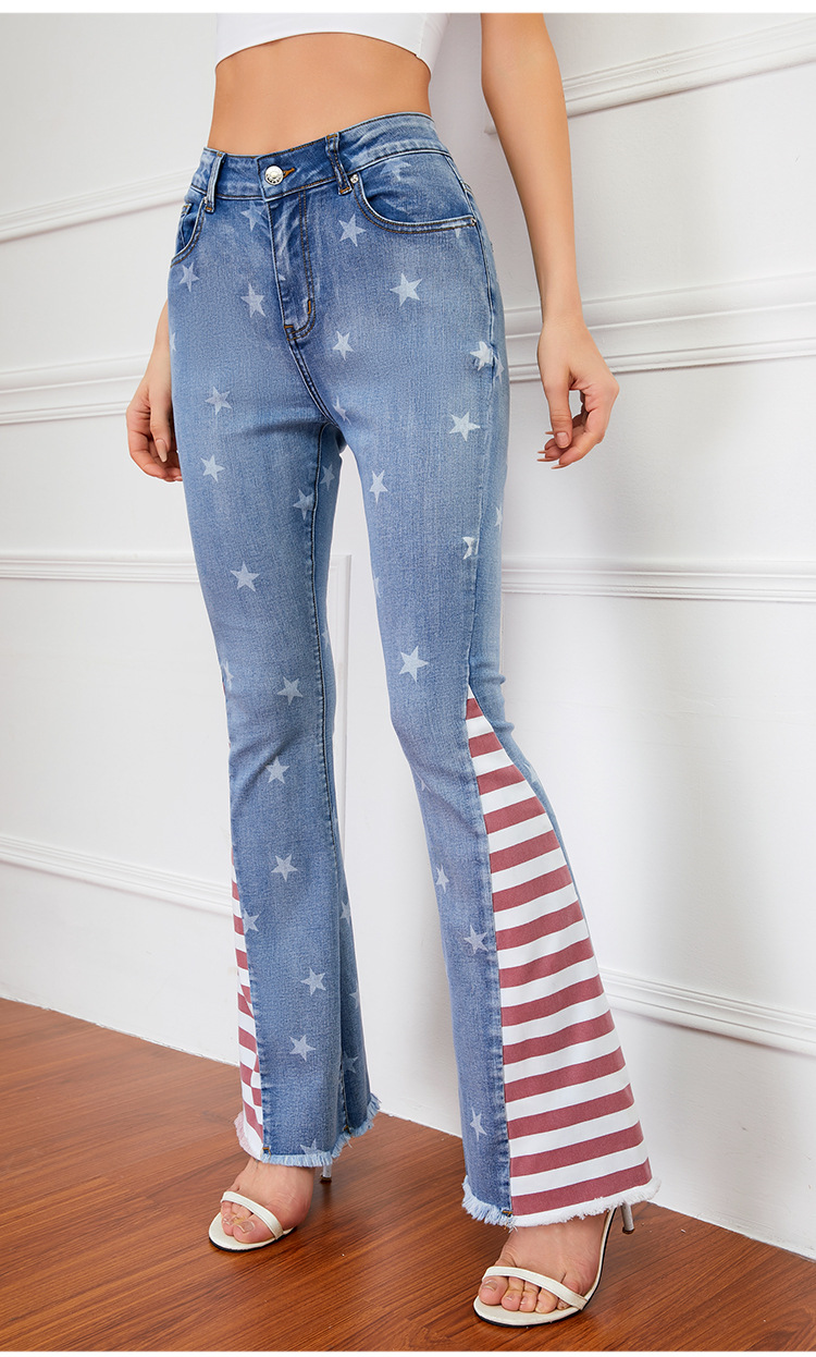 Americana Print Blue Flare Jeans (Medium Wash)