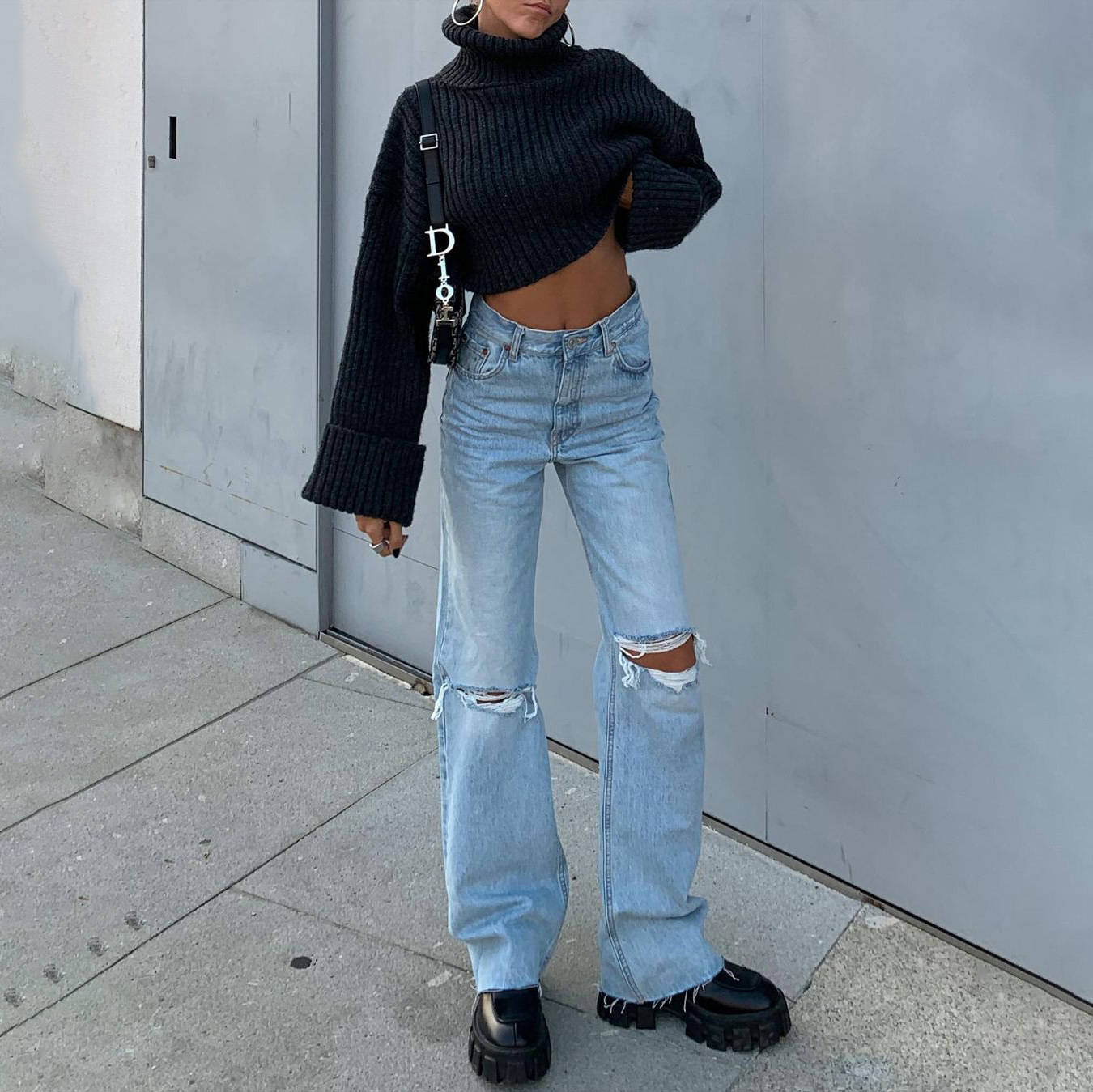 High Waisted Loose Double Knee Ripped Jeans Raw Edge Straight Trousers