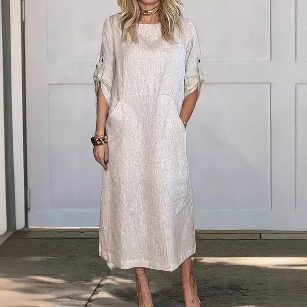 Women's Comfortable Solid Color Linen Pocket Dress