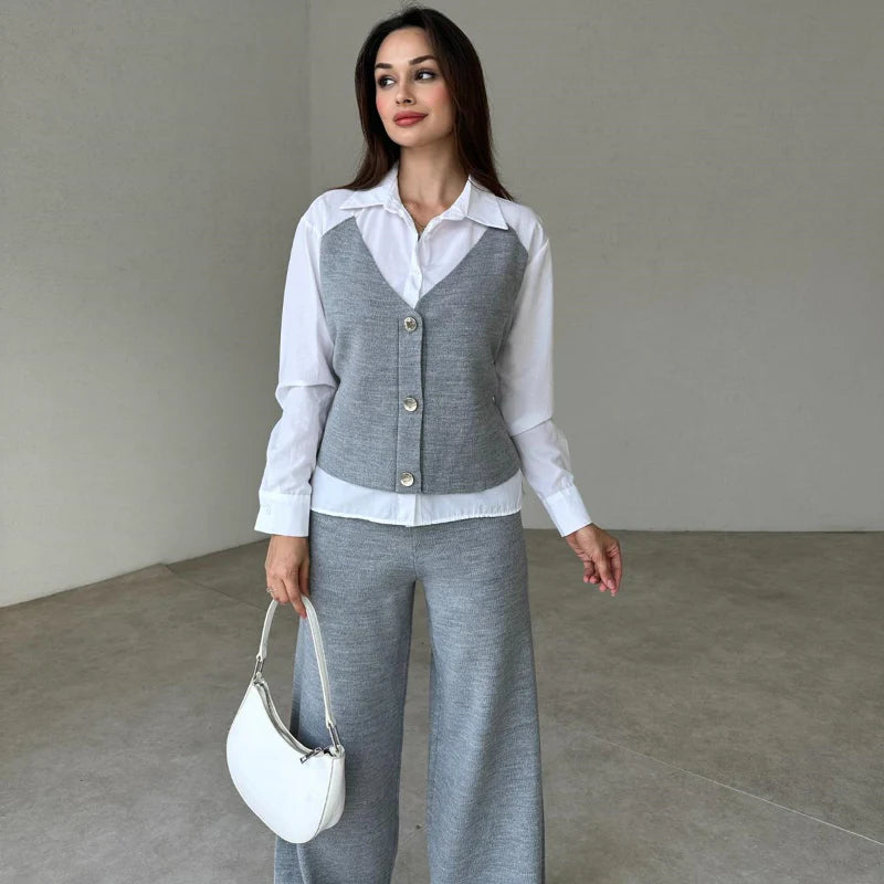 Female two-piece set of faux shirt, waistcoat and trousers
