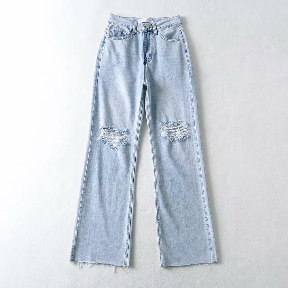 High Waisted Loose Double Knee Ripped Jeans Raw Edge Straight Trousers