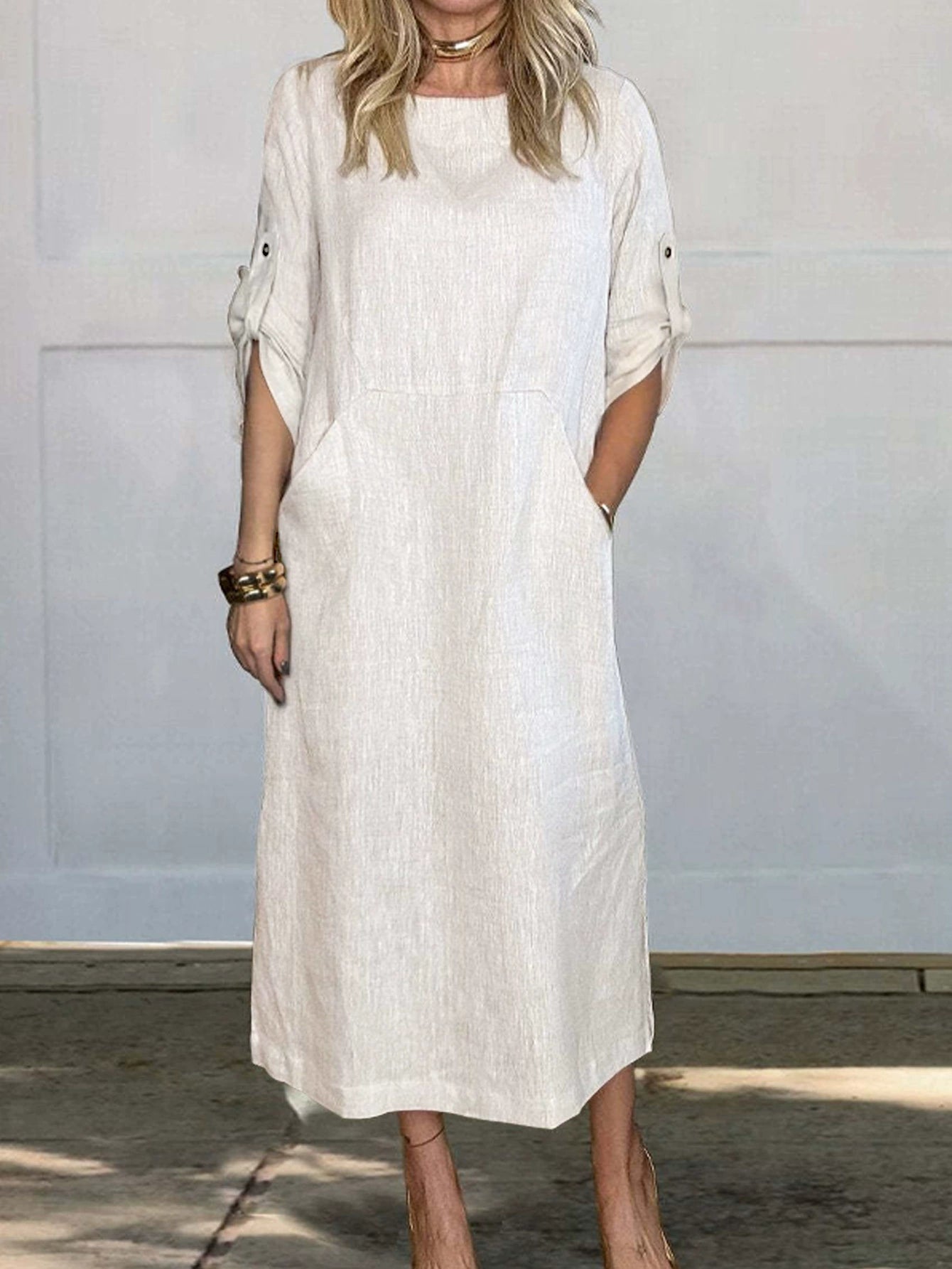 Women's Comfortable Solid Color Linen Pocket Dress