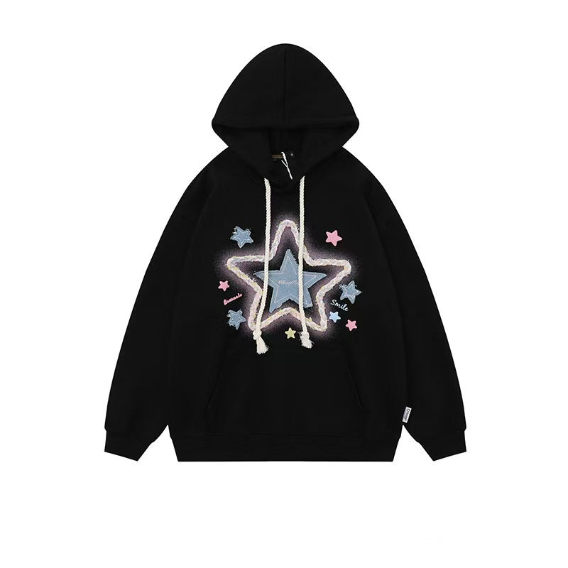Womens Oversized Hoodies Denim Star Applique Embroidery Hoodie Streetwear Unisex Sweatshirts Pullover with Pocket
