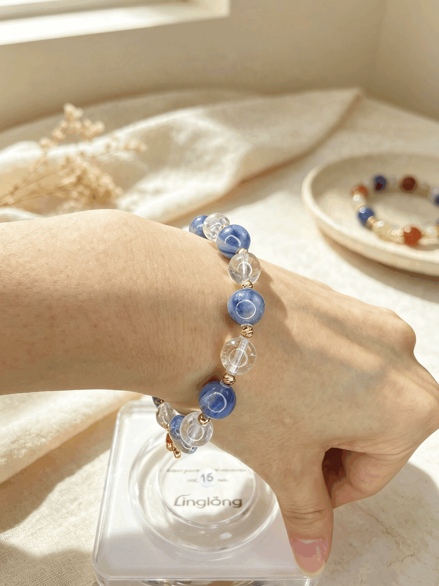 Celestial Blue Crystal Bracelet with Mother-of-Pearl Lacquer Bead, White Phantom Quartz & Aquamarine Heart Charm | Handmade Spiritual Jewelry