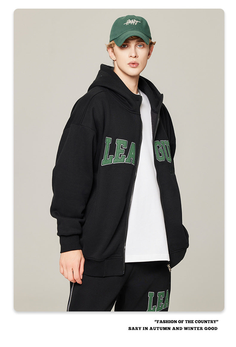 Ins Hooded Patch Embroidered Cardigan Zip Jacket