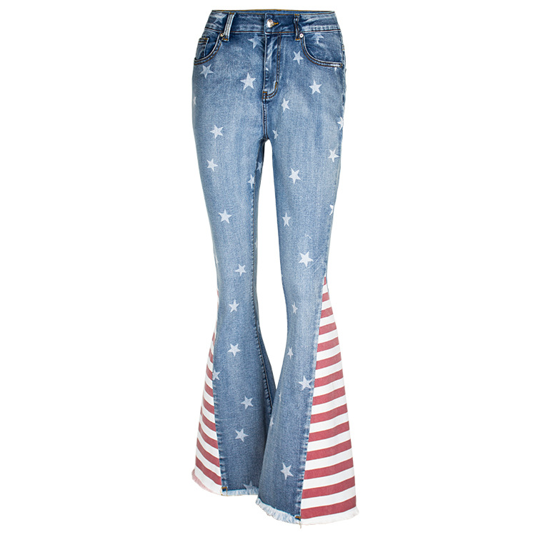 Americana Print Blue Flare Jeans (Medium Wash)