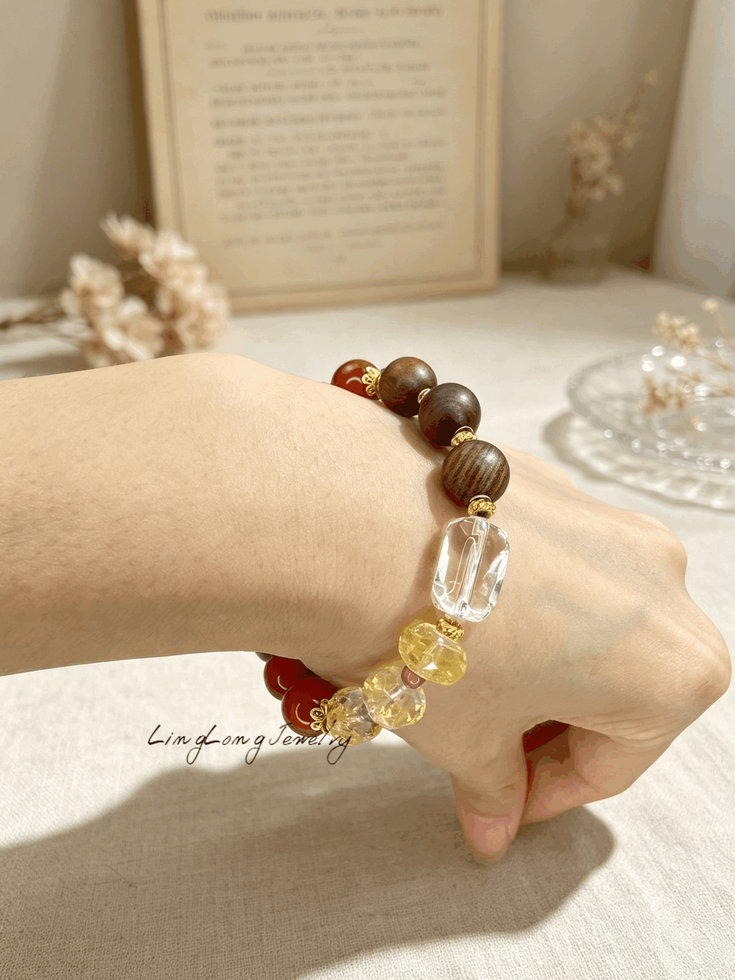 Red Flame Sandalwood Citrine Crystal Bracelet, Multi Gemstone Beaded Bracelet with AU750 18K Gold Spacers, Clear Quartz Oriental Fashion Jewelry for Women
