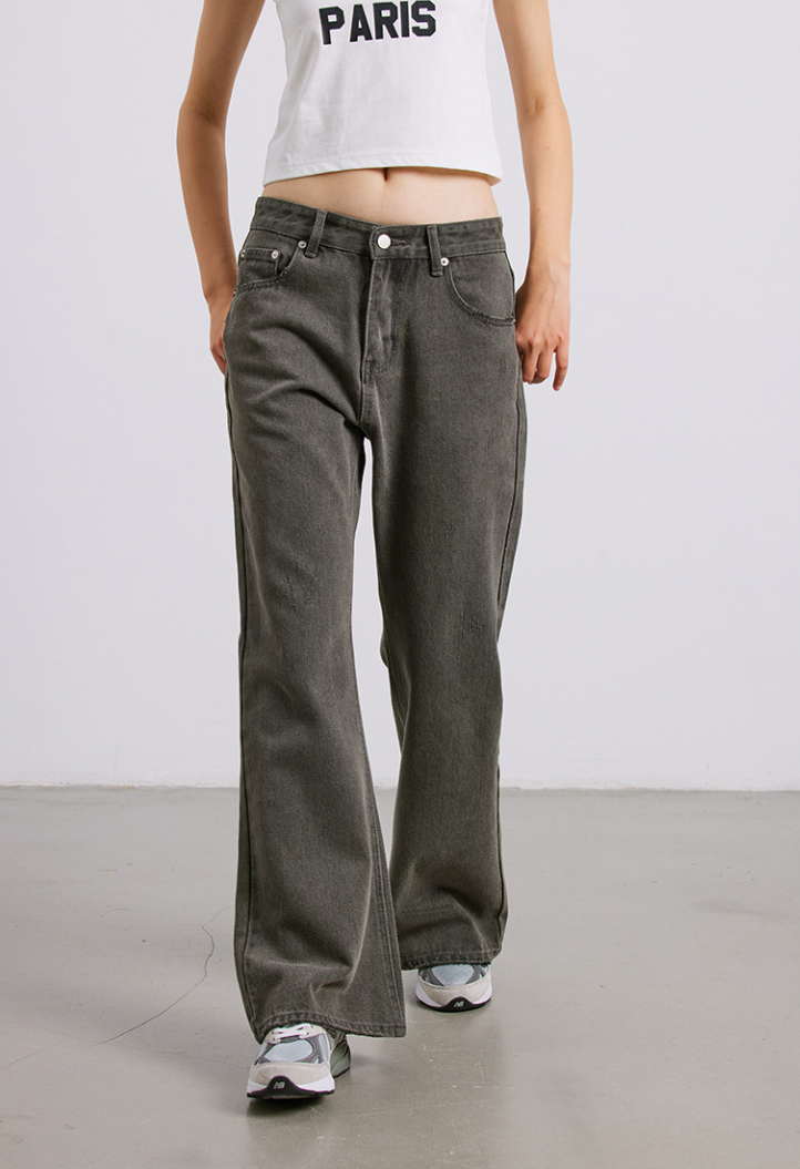 Micro flare washed mid-rise distressed straight leg causal pant jeans