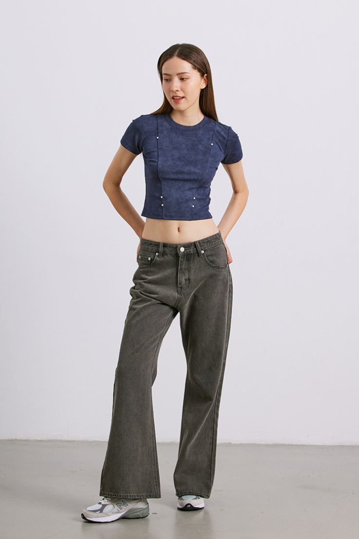 Micro flare washed mid-rise distressed straight leg causal pant jeans