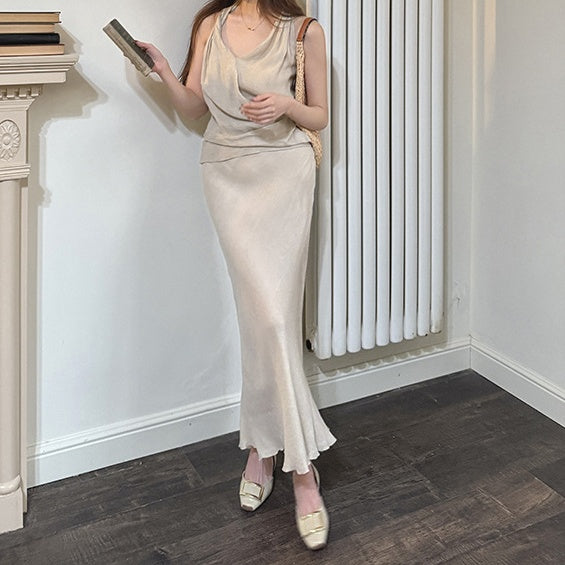 V-neck sleeveless halter undershirt female temperament top package hip fishtail skirt long skirt
