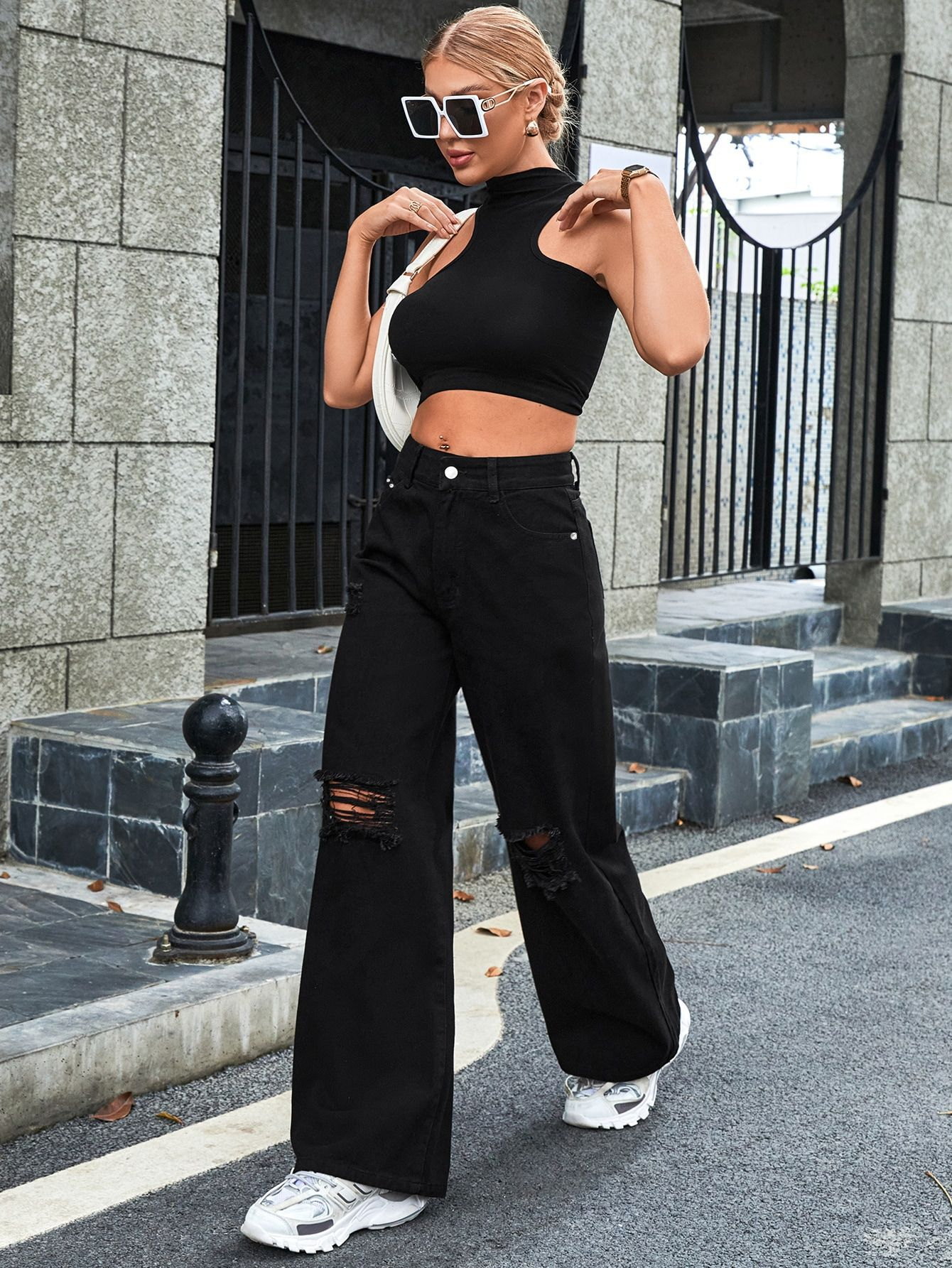 High Waisted Loose Double Knee Ripped Jeans Raw Edge Straight Trousers