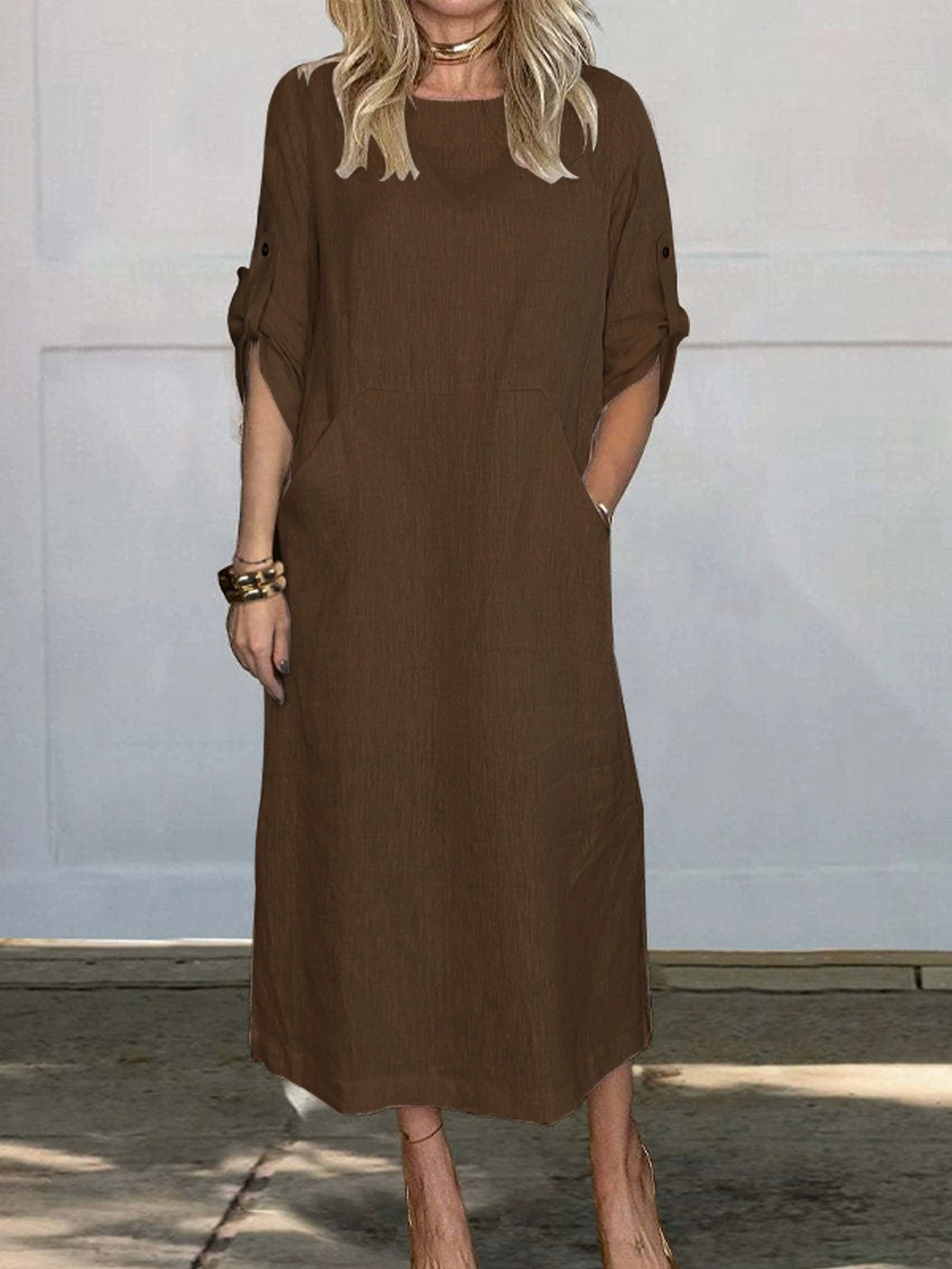 Women's Comfortable Solid Color Linen Pocket Dress