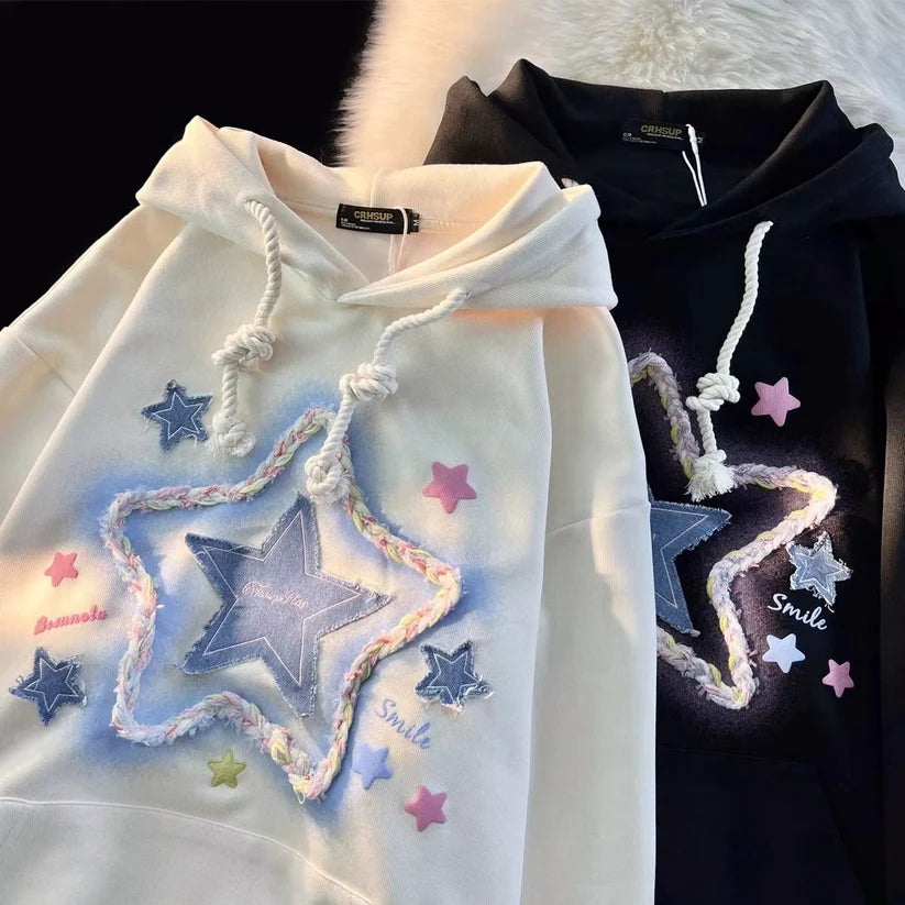 Womens Oversized Hoodies Denim Star Applique Embroidery Hoodie Streetwear Unisex Sweatshirts Pullover with Pocket