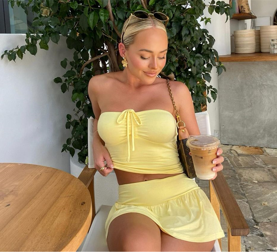 Summer Girl Solid Color Skirt Set Halter And Strapless Drawstring Ruched Crop Top Elastic Waist Pleated Skirt Set