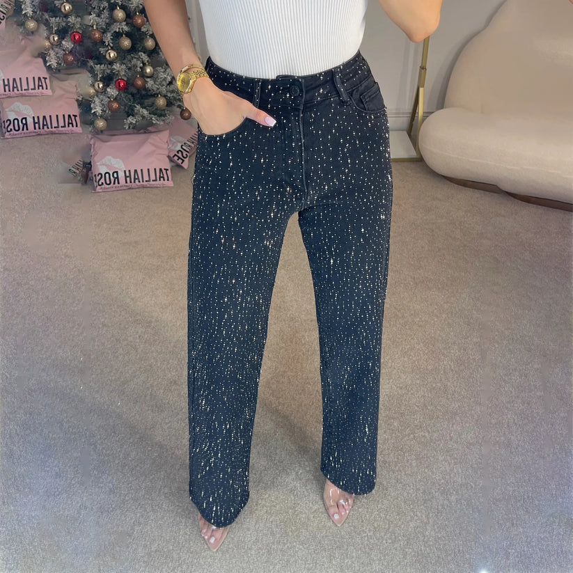 Sparkle Diamond Straight-Leg Mid-Rise Denim Jeans